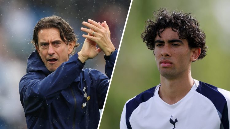 Thomas Frank applauds the fans during Tottenham vs Brighton. Luca Williams-Barnett looks on during Tottenham Hotspur v Villarreal CF - UEFA Youth L...