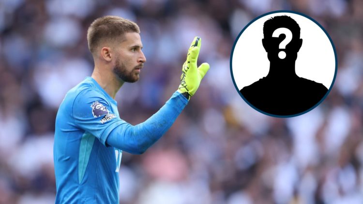 Tottenham goalkeeper Guglielmo Vicario with hand up, inset mystery player