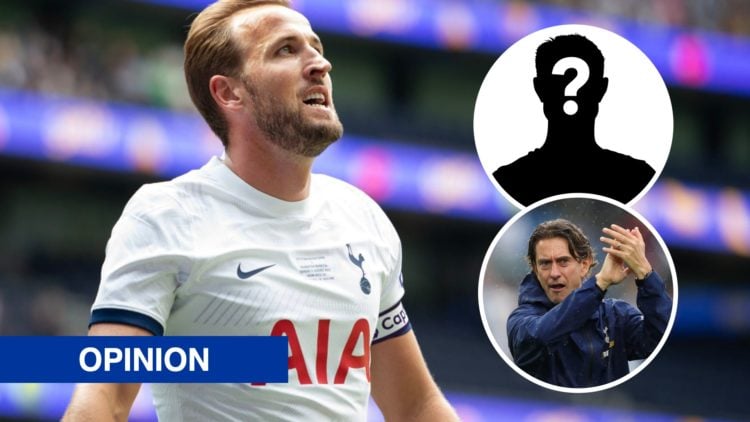Harry Kane runs off celebrating Tottenham's goal (main) and Thomas Frank claps the Tottenham fans (inset) and mystery player (inset)