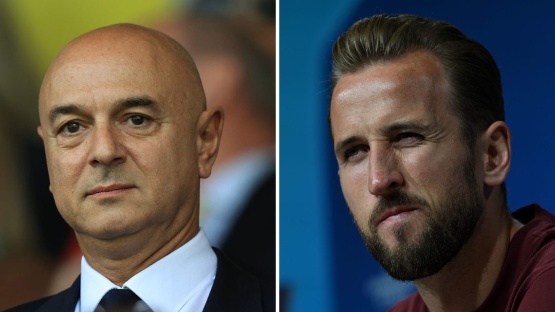 Former Spurs chairman Daniel Levy watching a game (left) and former Spurs striker Harry Kane at a press conference (right).
