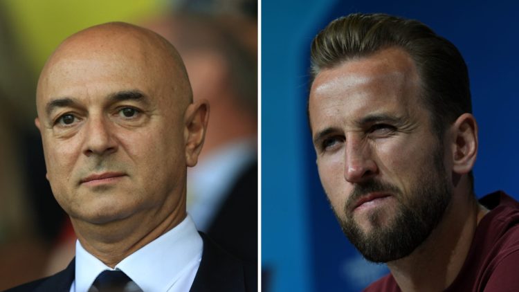 Former Spurs chairman Daniel Levy watching a game (left) and former Spurs striker Harry Kane at a press conference (right).