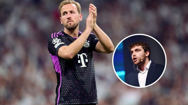 Harry Kane applauds the Bayern Munich fans after a game with overlay of Fabrizio Romano (right).
