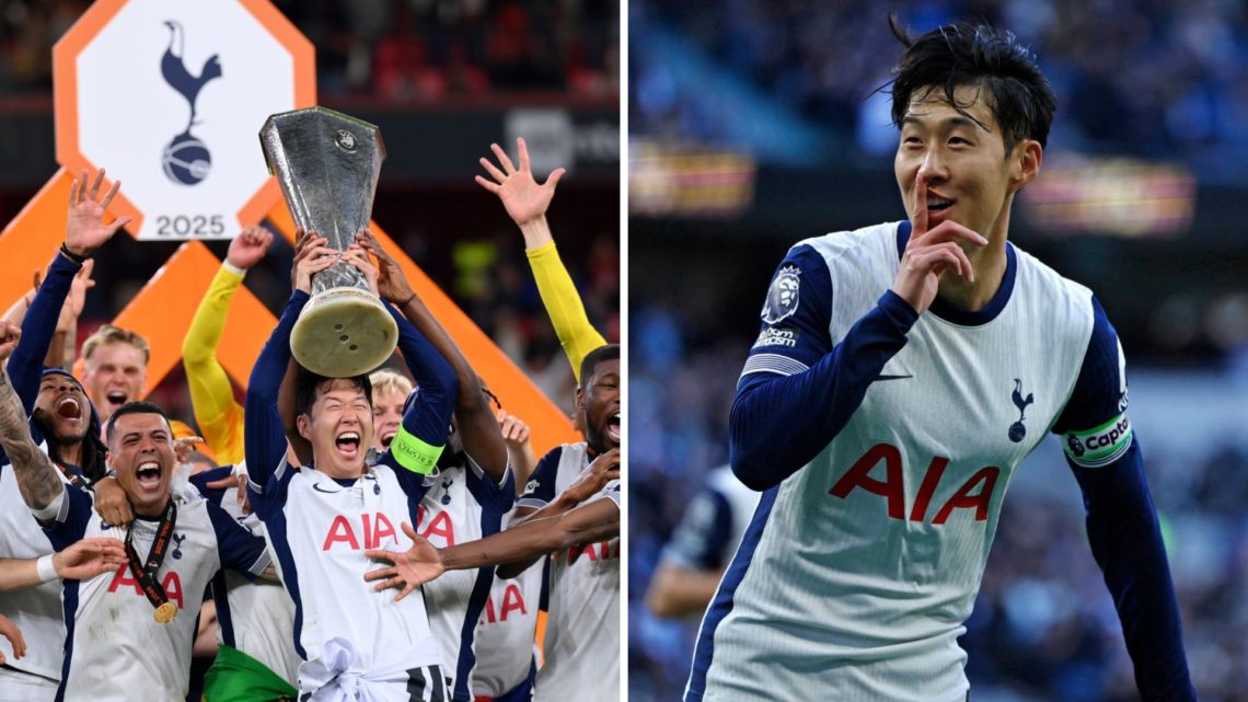Heung-min Son lifts the Europa League trophy (left) and Heung-min Son puts his finger to his lips at the away fans (right)