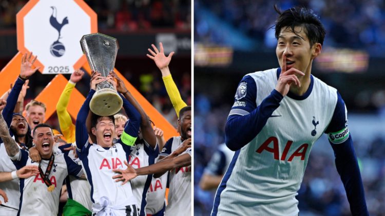 Heung-min Son lifts the Europa League trophy (left) and Heung-min Son puts his finger to his lips at the away fans (right)