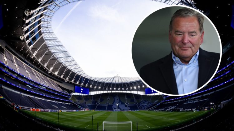 The view of the Tottenham Hotspur Stadium before the Champions League clash against Villarreal (main) and Jeff Stelling looks on at Hartlepool Unit...