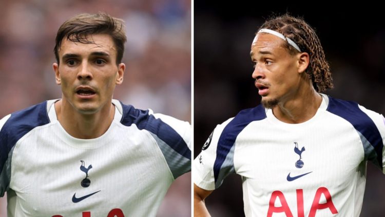 Picture one Joao Palhinha playing for Tottenham against Bournemouth in the Premier League. Picture two Xavi Simons looks on with his hands on his h...