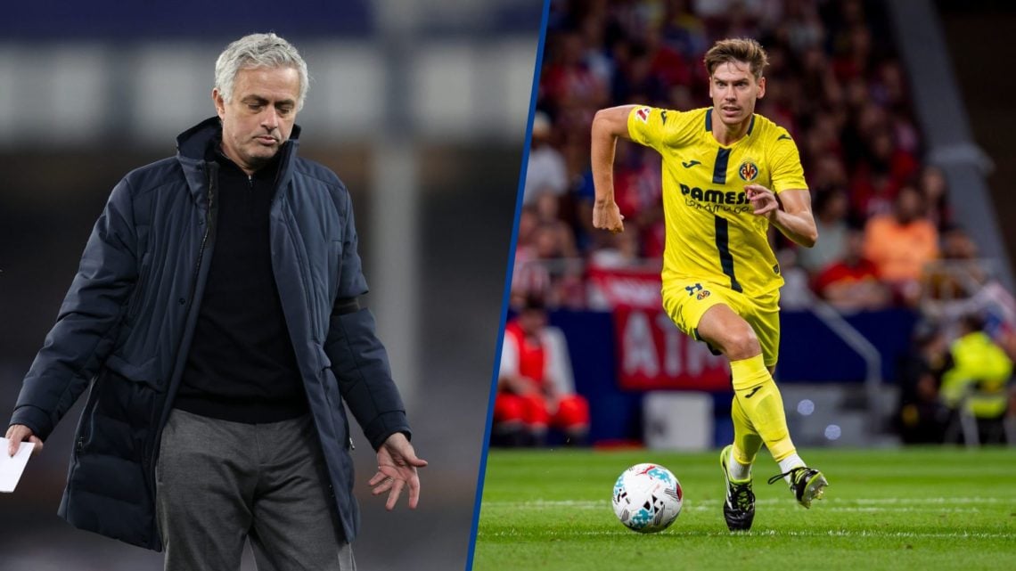 Split image - Tottenham manager Jose Mourinho holding notepad and Villarreal defender Juan Foyth running with the ball
