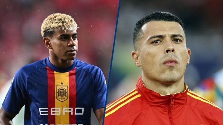 Split imagine - Lamine Yamal before Spain match and Pedro Porro before Spain match