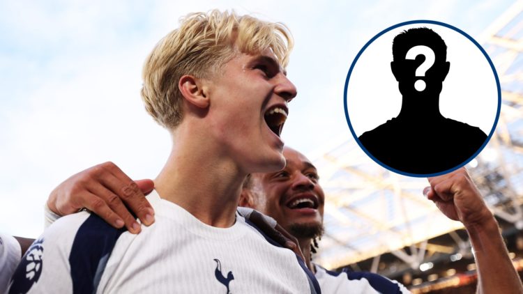 Tottenham midfielder Lucas Bergvall celebrating goal, inset mystery player