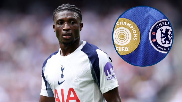 Tottenham's Mohammed Kudus during game, inset Chelsea shirt with Club World Cup champions badge