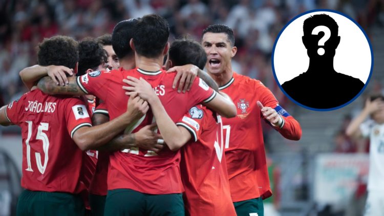 Portugal players celebrating goal, inset mystery player
