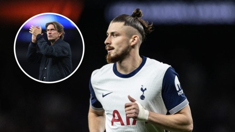 Radu Dragusin playing for Tottenham against Qarabag in the Europa League. Inset, Thomas Frank applauds after after Tottenham Hotspur against Villar...