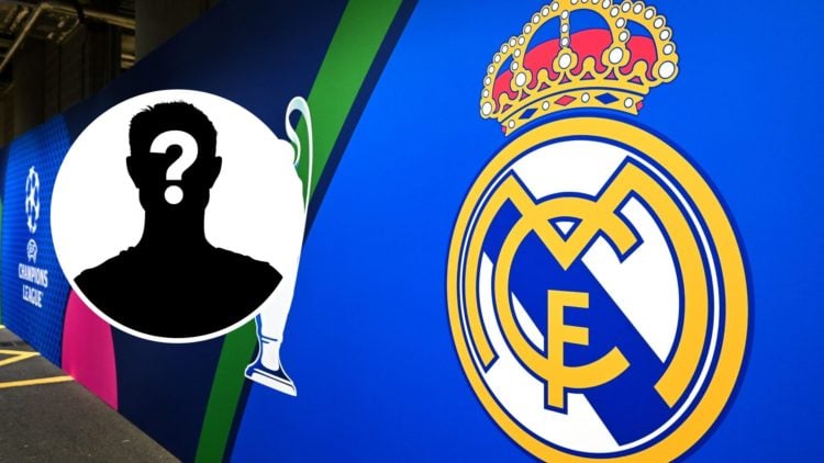 Real Madrid crest on wall, inset mystery player