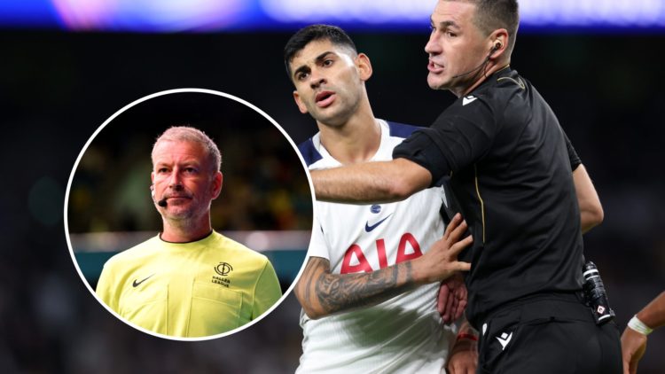Cristian Romero gestures to Rade Obrenovic during Tottenham Hotspur v Villarreal CF - UEFA Champions League 2025/26 League Phase MD1. Inset: Mark C...