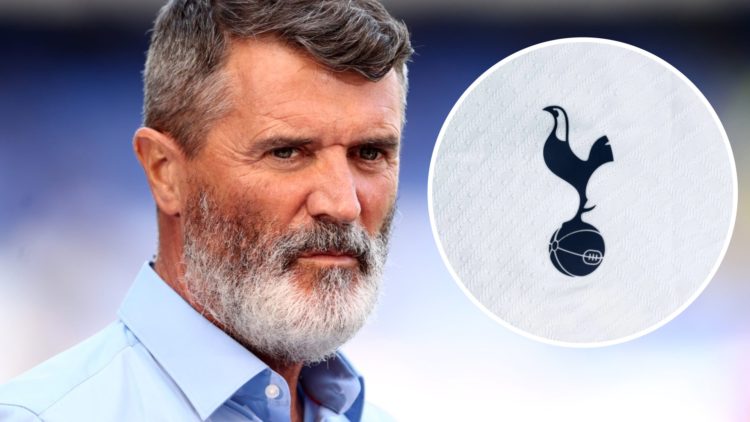 Roy Keane looks on while working as a pundit in the Premier League (left) and Tottenham badge (inset)