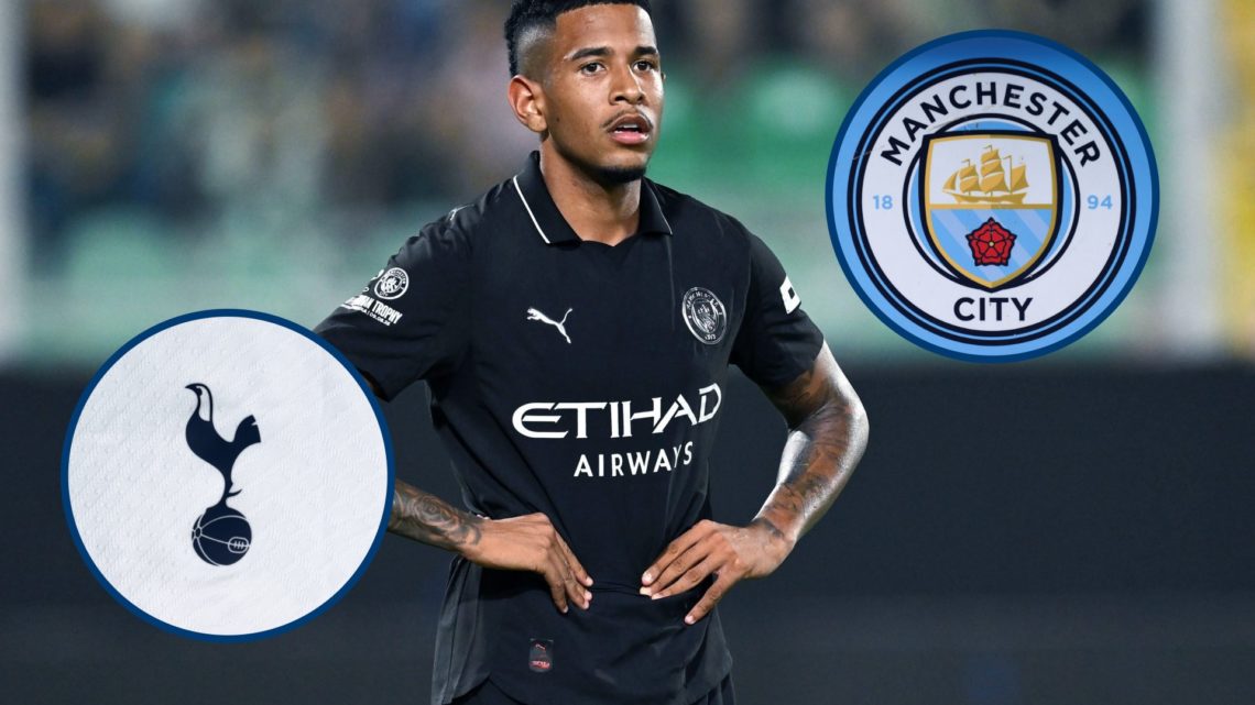 Manchester City winger Savinho standing, inset Manchester City and Tottenham badges