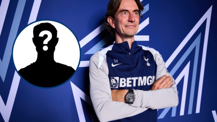 Tottenham manager Thomas Frank posing, inset mystery player