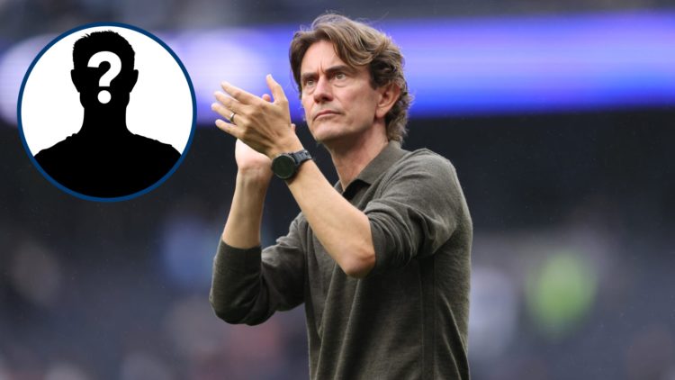 Tottenham manager Thomas Frank applauding, inset mystery player