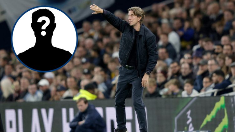 Tottenham manager Thomas Frank on touchline, inset mystery player