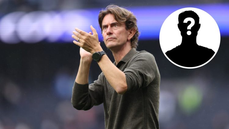 Tottenham manager Thomas Frank applauding, inset mystery player