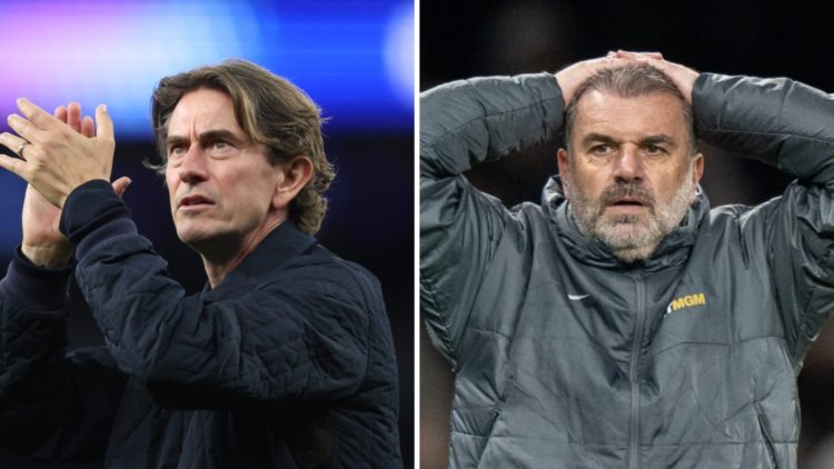 Thomas Frank claps the Tottenham Hotspur fans against Villarreal (left) and Ange Postecoglou puts his hands behind his head in shock as Tottenham m...