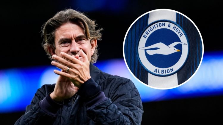 Thomas Frank claps the Tottenham fans (main) and Brighton badge (inset)