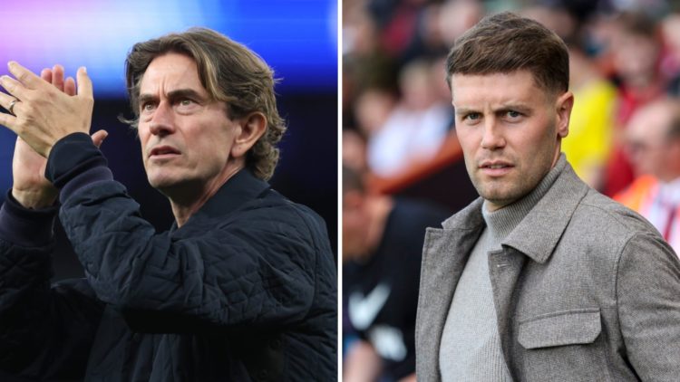 Thomas Frank looks on while managing Tottenham Hotspur (left) and Fabian Hurzeler looks at the camera while managing Brighton at Bournemouth (right)