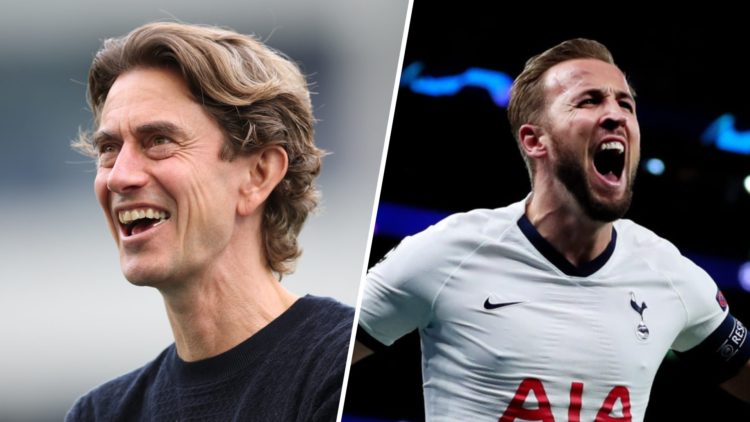 Thomas Frank smiles at the Tottenham fans (left) and Harry Kane celebrates with his arms outstretched (right)