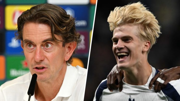 Thomas Frank speaks to the media as Tottenham manager (left) and Lucas Bergvall runs off while celebrating his goal against Villarreal (right)