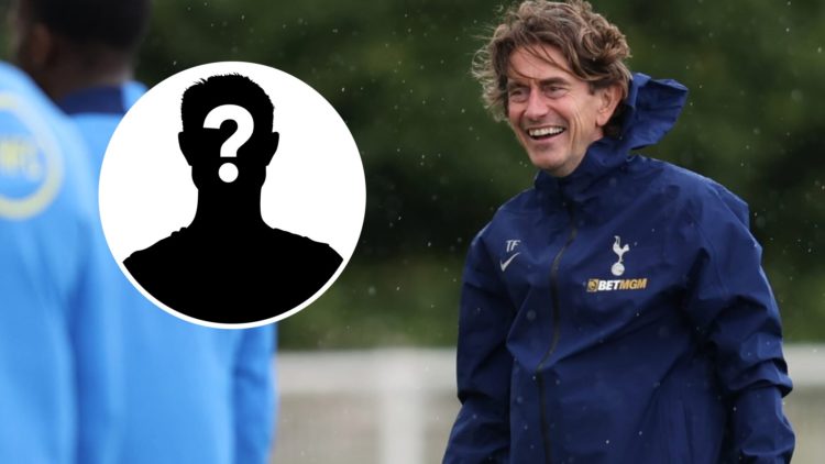 Thomas Frank smiles during Tottenham training (main) and mystery player (inset)