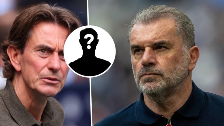Picture one Tottenham manager Thomas Frank during the Premier League match against Manchester City. Picture two Ange Postecoglou as the Tottenham m...