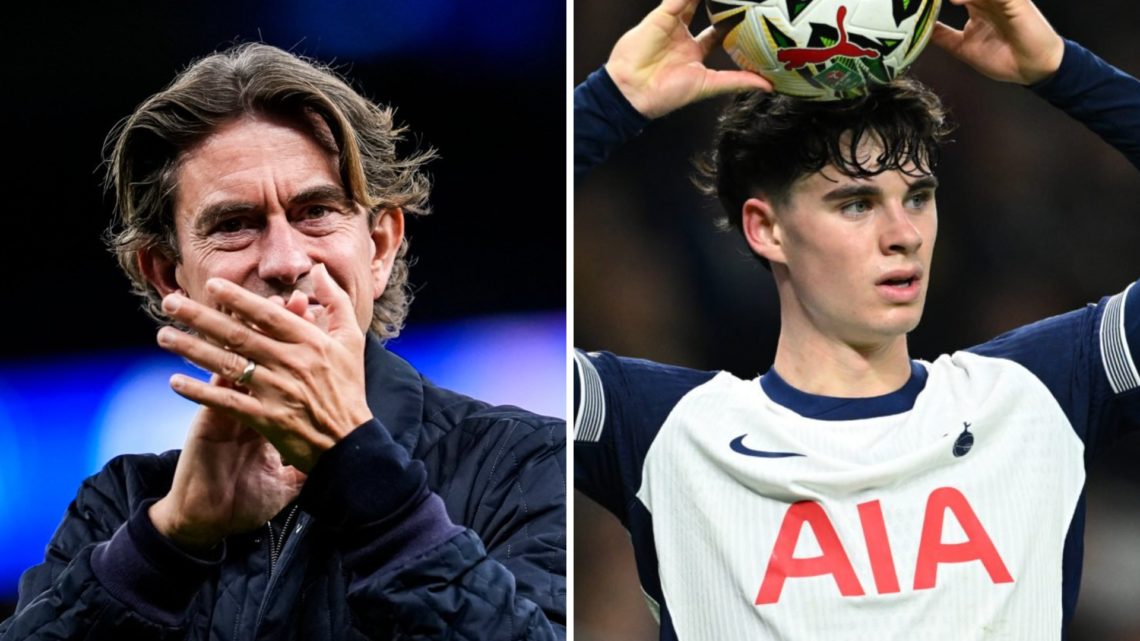 Picture one Thomas Frank celebrates Tottenham's Champions League win against Villarreal. Picture two Archie Gray playing for Tottenham against Manc...