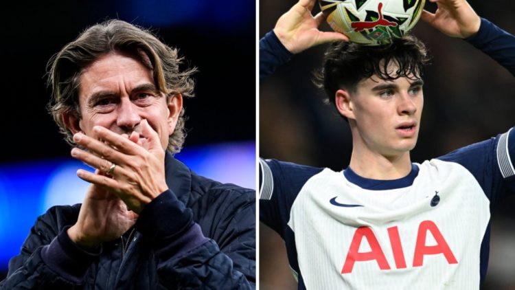 Picture one Thomas Frank celebrates Tottenham's Champions League win against Villarreal. Picture two Archie Gray playing for Tottenham against Manc...