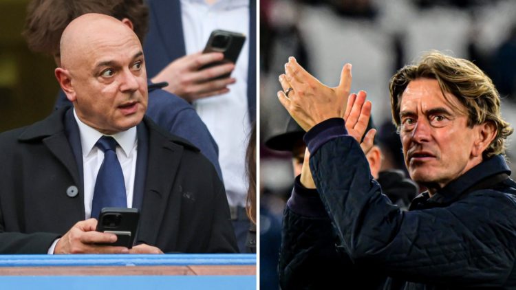 Spurs manager Thomas Frank (right) applauding the supporters and former Spurs chairman Daniel Levy (left) in the stands.