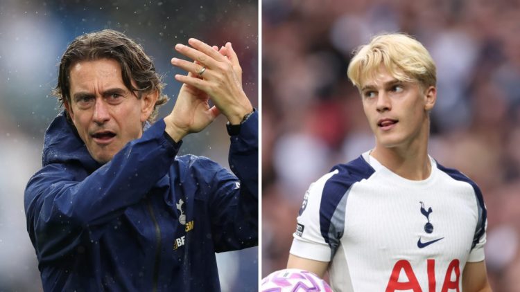 Picture one Tottenham manager Thomas Frank during the Premier League match against Brighton. Picture two Lucas Bergvall playing for Tottenham again...