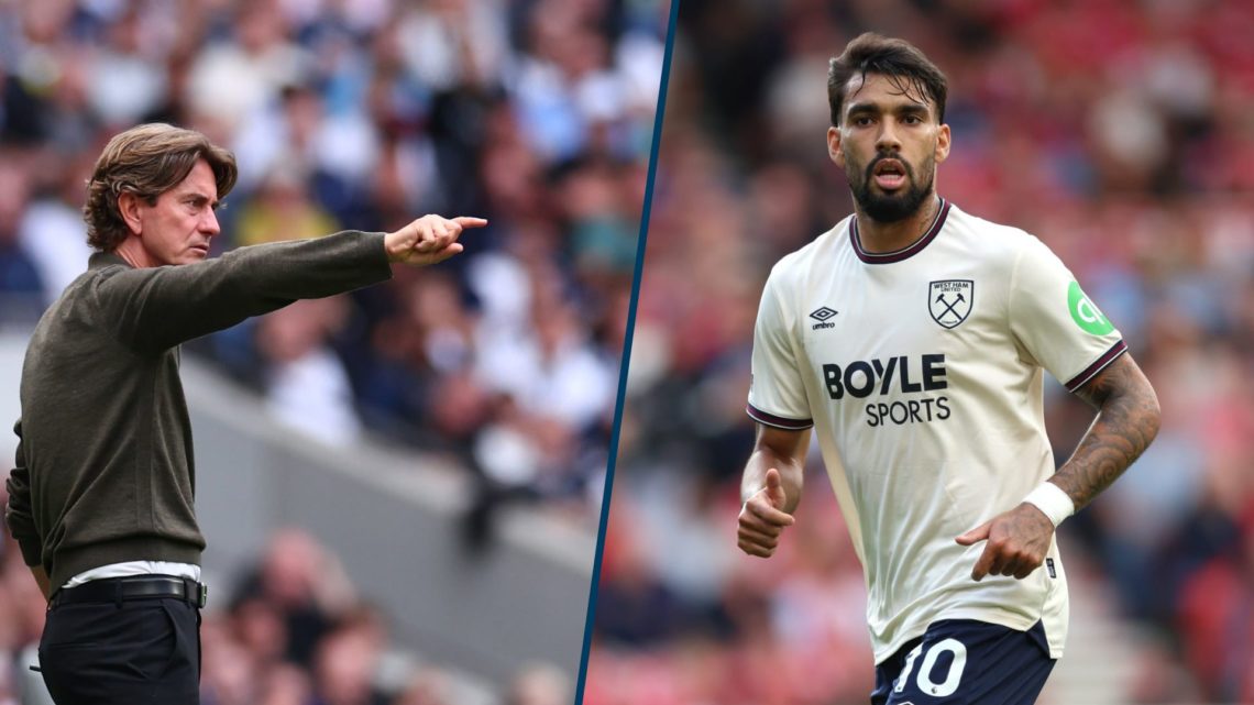 Split image - Tottenham manager Thomas Frank pointing and West Ham star Lucas Paqueta running