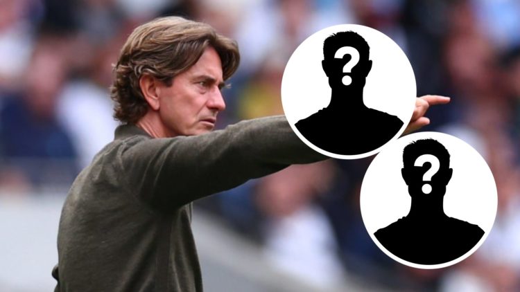 Tottenham manager Thomas Frank points during the Premier League match against Bournemouth. Inset, mystery football players.