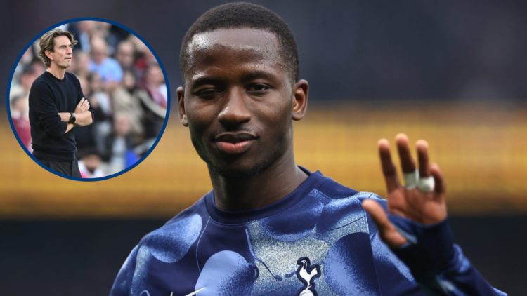 Tottenham midfielder Pape Matar Sarr waving, inset Thomas Frank during West Ham vs Tottenham