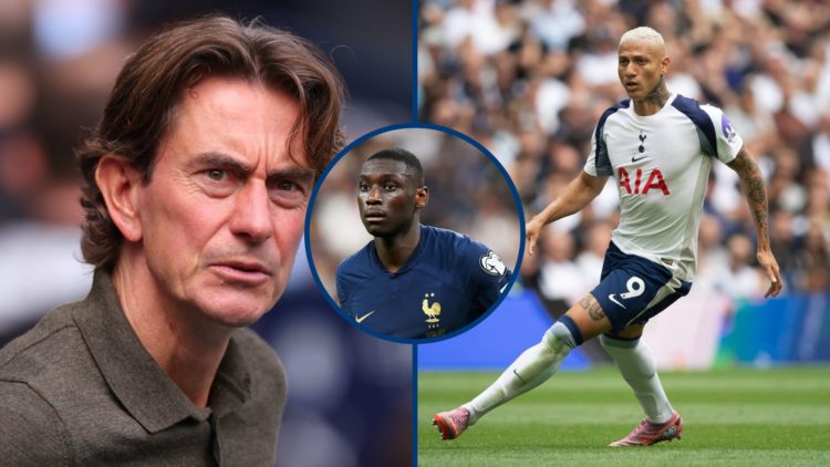 Split image - Thomas Frank during Man City vs Spurs and Richarlison on the pitch, inset Randal Kolo Muani playing for France