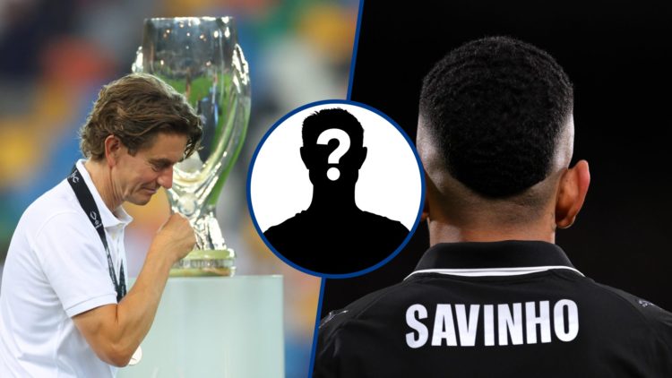 Split image - Tottenham boss Thomas Frank walks past UEFA Super Cup and photo shot of Manchester City winger Savinho from behind, inset mystery player