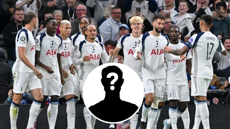 Tottenham Hotspur players celebrate scoring against Villarreal in the Champions League (main) with mystery player graphic (inset)