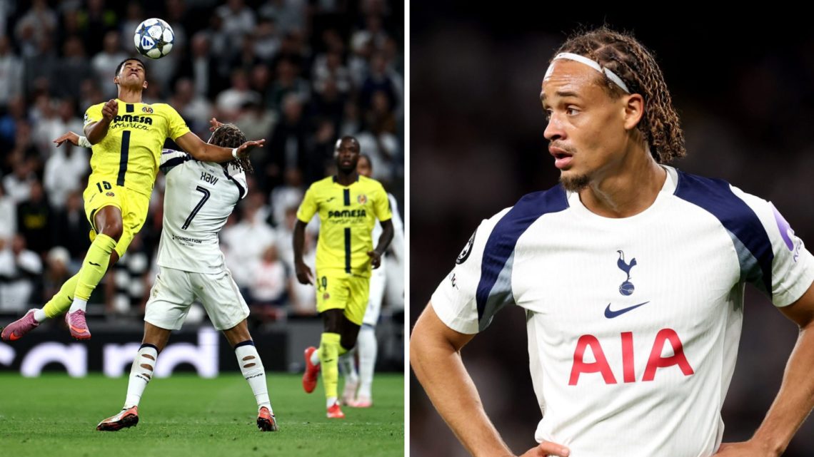 Tottenham Hotspur and Villarreal battle for the ball in the Champions League (left) and Xavi Simons looks on with his hands on his hips (right)