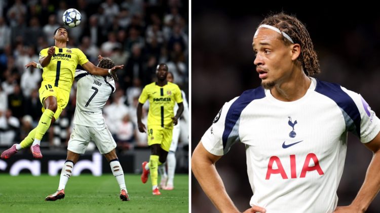 Tottenham Hotspur and Villarreal battle for the ball in the Champions League (left) and Xavi Simons looks on with his hands on his hips (right)