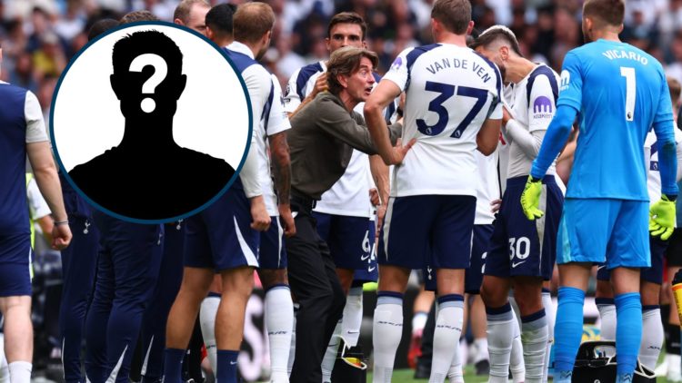 Tottenham manager Thomas Frank giving out instructions to players, inset mystery player