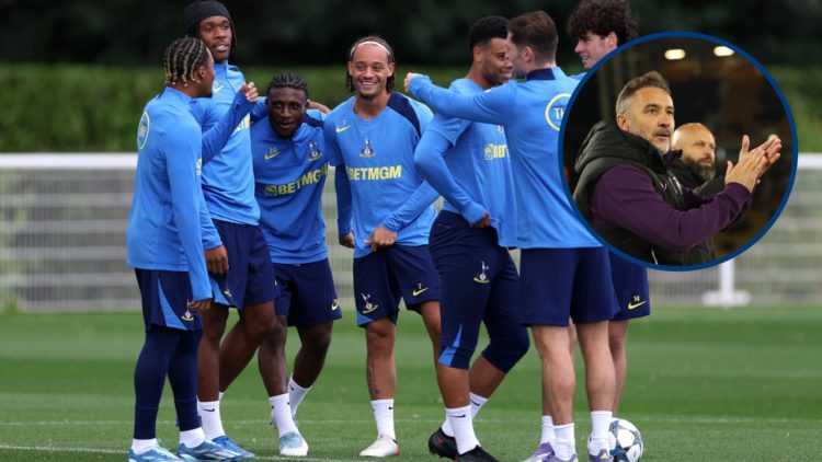 Tottenham players together in a training session in Enfield, inset Wolves manager Vitor Pereira applauds his fans