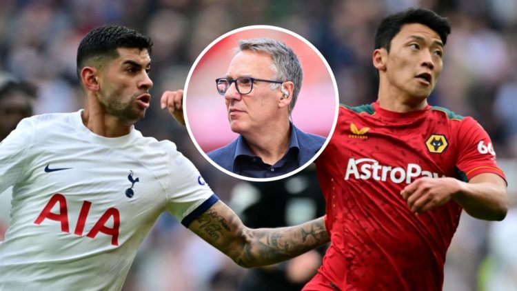 Cristian Romero battles Hwang Hee-chan during Tottenham against Wolverhampton Wanderers in the Premier League. Inset, Paul Merson working as a pund...