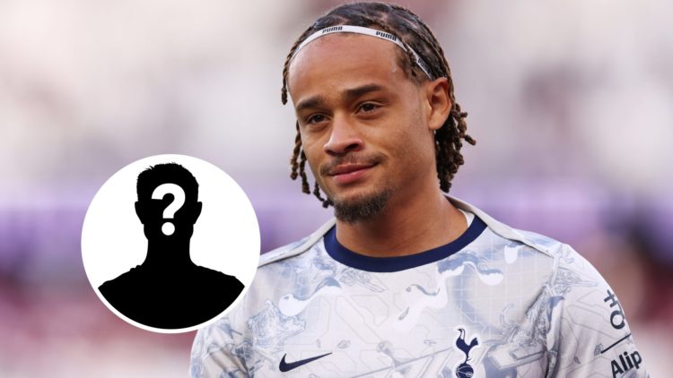 Xavi Simons playing for Tottenham Hotspur, with mystery player overlay (left).