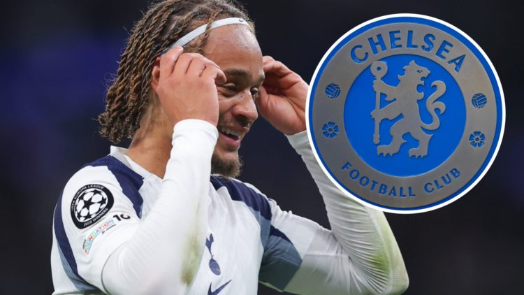 Xavi Simons pulls his headband up and smiles during Tottenham's game with Villarreal (main) and Chelsea badge (inset)