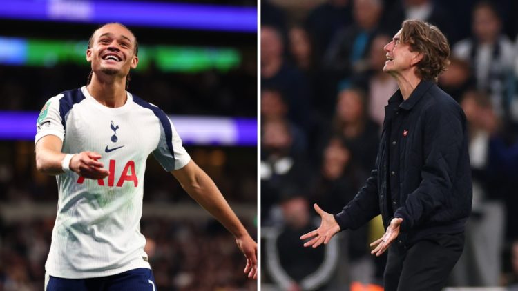 Picture one Tottenham star Xavi Simons smiling during the Carabao Cup match against Doncaster Rovers. Picture two Thomas Frank during the Premier L...