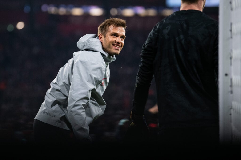 Goalkeeping coach Fabian Otte looks on prior to the UEFA Champions League 2024/25 League Phase MD3 match between RB Leipzig and Liverpool FC